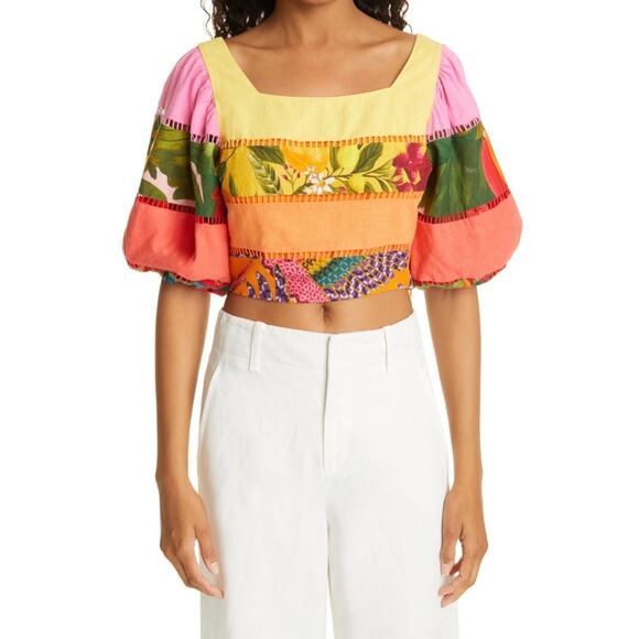 FARM Rio Rainbow Mixed Prints Tiered Linen Blend Crop Top Womens Size XS Orange - Picture 5 of 11